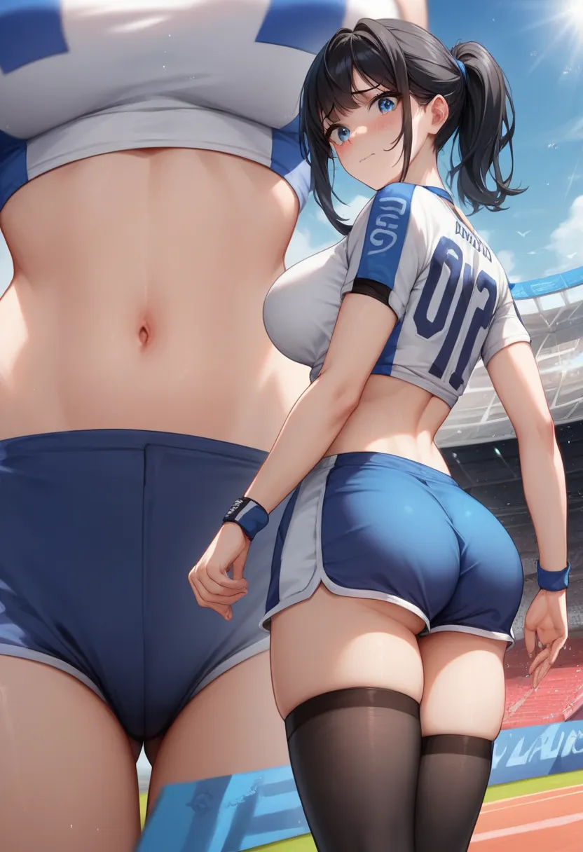 score_9, score_8_up, score_7_up, source_anime, best quality, clear face, footbaler girl, black hair, blue eyes, medium hair,ponytail,blue accessory,large breasts, perfect body, looking at , cute embrassed nervous exhausted cute,blush,wearing tight shirt, w...