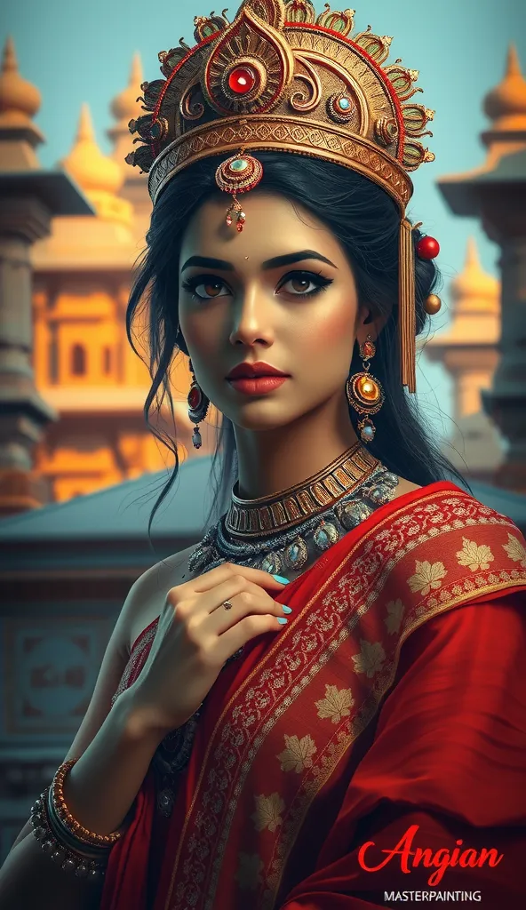 a beautiful indian woman,elegant hindu mythology attire,graceful pose,intricate jewelry,delicate features,piercing gaze,ornate headdress,flowing fabric,ancient temple backdrop,dramatic lighting,digital painting,photorealistic,8K,masterpiece,ultra-detailed,...