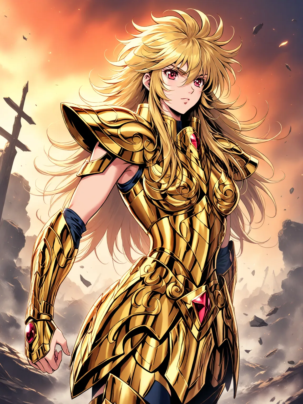 ( masterpiece), (Best Quality), (1 girl), The Girl in the Gold Armor, cool posture, Battlefield Background, flame background,  Saint Seiya Armor , messy hair, Broken Armor,  raggy-dressed 