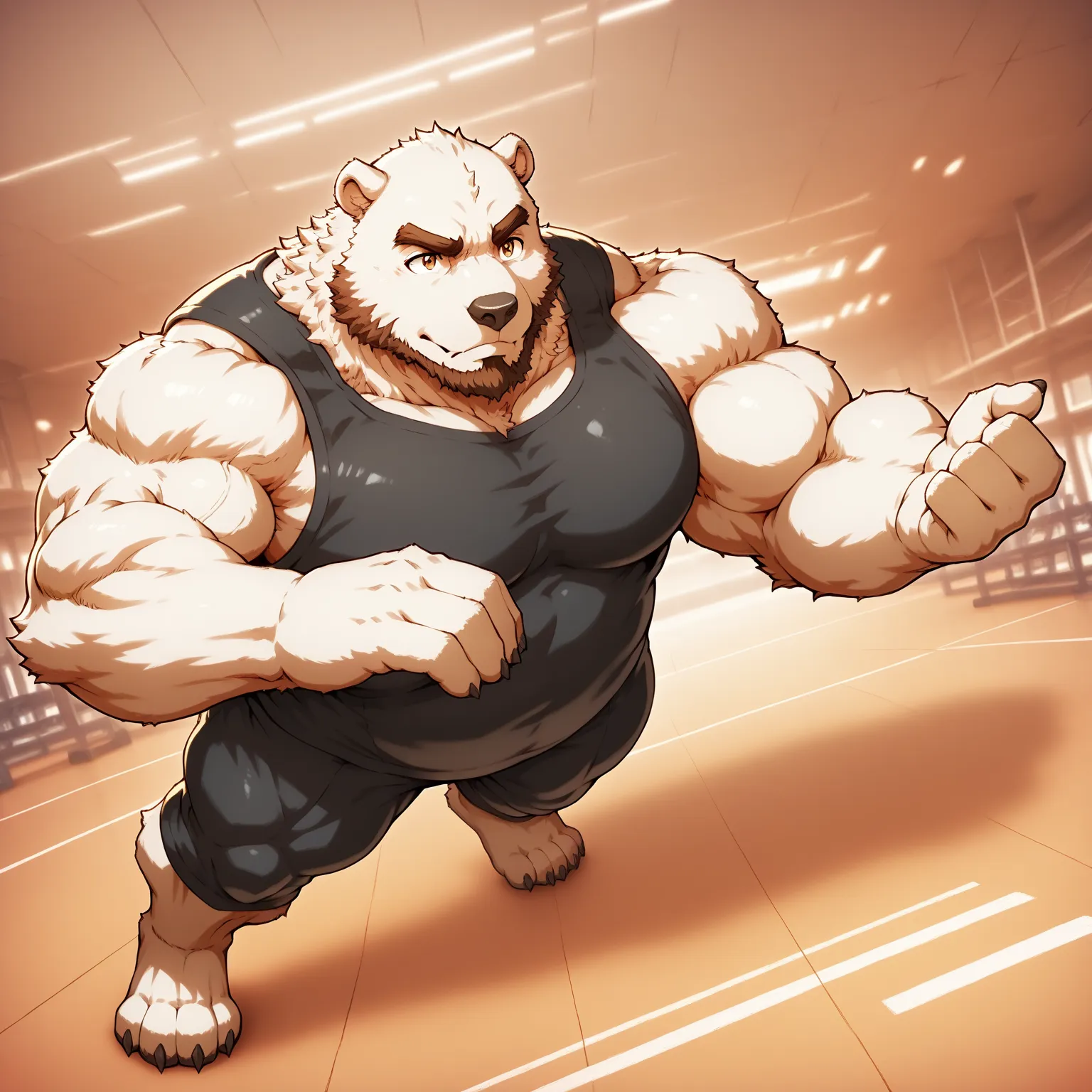 character focus, full body, looking away, dynamic angle, exercise, musclegut middle-aged american bear man, good fight expression, black tank top, black half pants, bodybuilding, muscle pose, BREAK full body in Michelangelo Buonarroti style, pastel-colored...