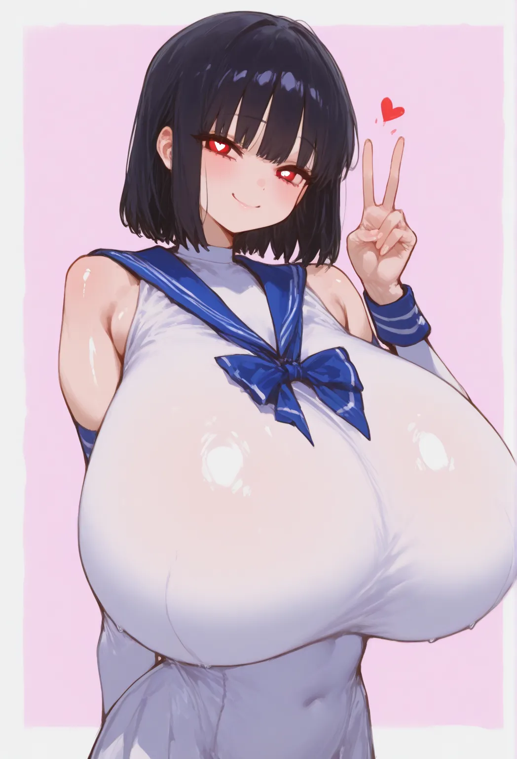 best quality, masterpiece,      748cm style , 1 girl, v sign、 viewer, closed mouth, upper body, smile,,      raise your hand        ,   ( sailor suit    )、  Skirt、18 years old、masterpiece ,      black hair 、short hair、very big breasts、Erectile Head、(   Bre...