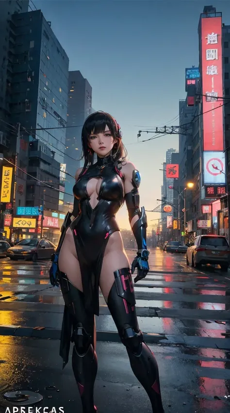 Unreal Engine:1.4,UHD,the best quality:1.4, Photorealistic:1.4,  skin texture :1.4, masterpiece:1.8,Anime girl with futuristic outfit posing in a night city,  cyberpunk anime mech girl , Cyberpunk anime digital art, Anime Art Cyberpunk, cyberpunk anime gir...