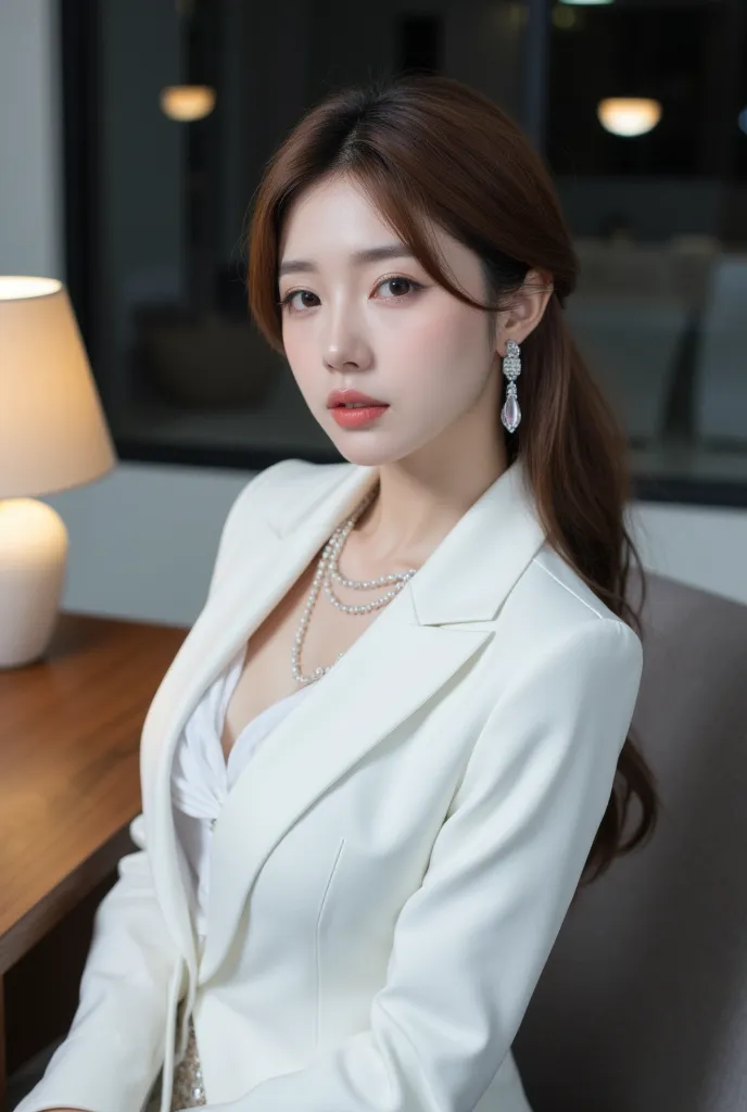 (Detailed body, detailed face, best quality: 1.2), white suit jacket, deep V-neck white shirt, sequin pencil skirt, beautiful Korean female model close-up, looking at the viewer, chestnut hair, high ponytail, back against modern design style office desk, s...