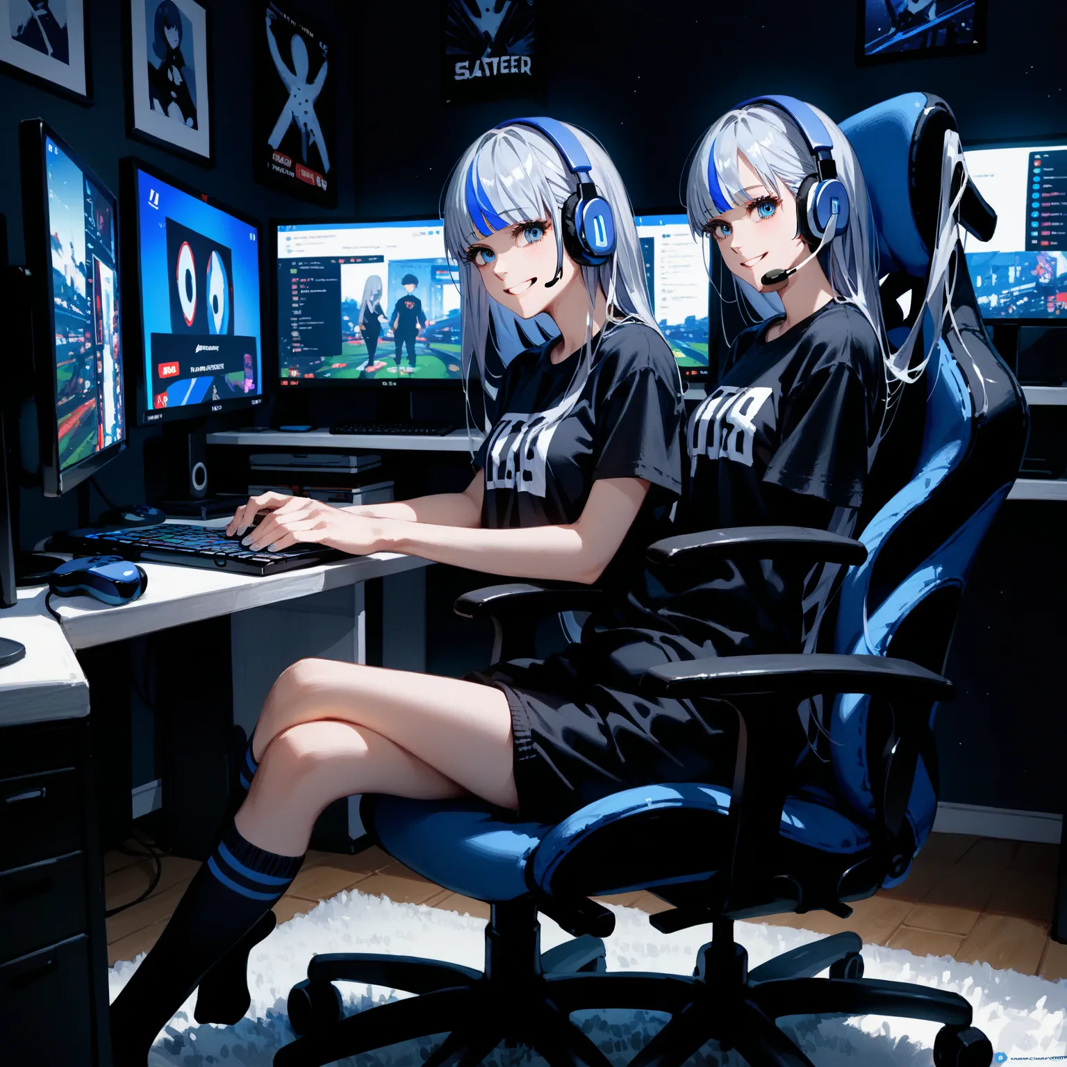 anime female having extremely long silver hair with blue dyed bangs in dark room playing behind the computer, silver dyed blue eyes, black clothes, home clothes, highly detailed, smooth, very high over knee socks or stocking, night, dark, sitting on gaming...