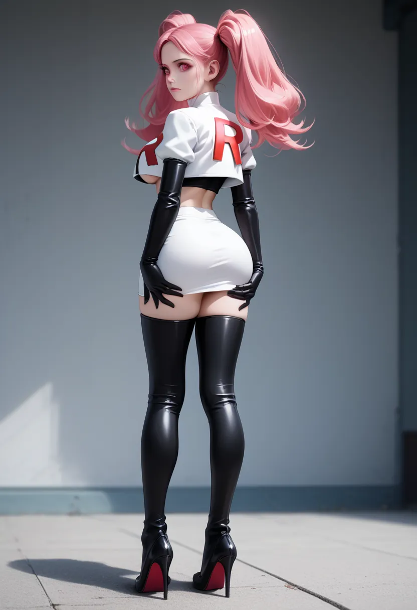 score_9, score_8_up, score_7_up, 1girl, solo, beautiful waifu, thicc, (defHilda, pink eyes, pink hair, twintails), detailed eyes, detailed face, flirt, large breasts, Cosplay_TeamRocket, team rocket uniform, white jacket, cropped jacket, white skirt, elbow...