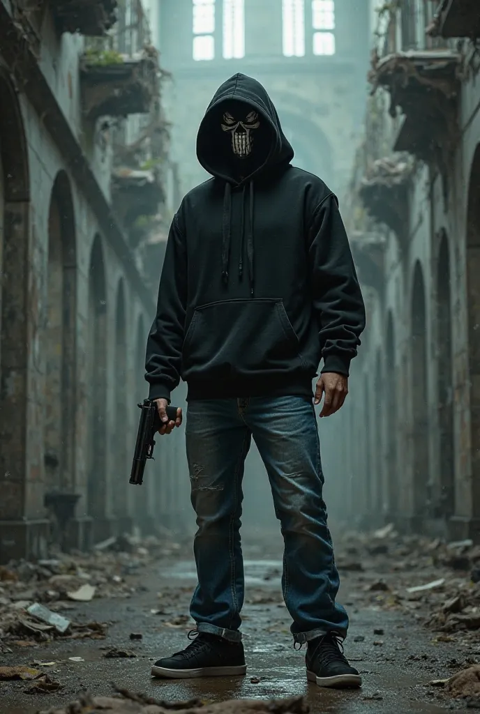 Man wearing a black hoodie and black sneakers and blue jeans with a black ski skull-patterned mask, in a abandoned place holding a handgun 