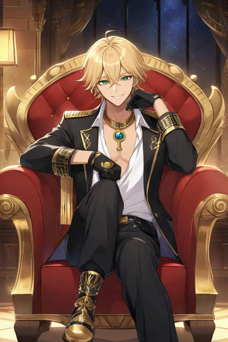 I want a male ager he has brown skin he has Egyptian makeup on his eyes his hair is blond or long and His eyes are green he is sitting in a black armchair with gold details and hieroglyphics he wears an open white shirt showing his chest an open black jack...