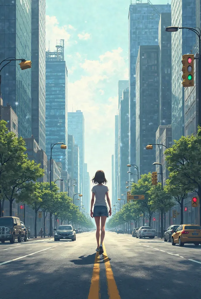 A girl walking in the middle of the ultra realistic road 
