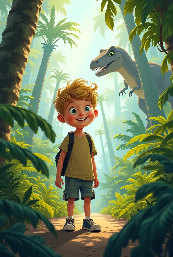 Max the white boy now in a prehistoric jungle. Surrounding them are huge ferns and a T-Rex in the distance, cartoon style.