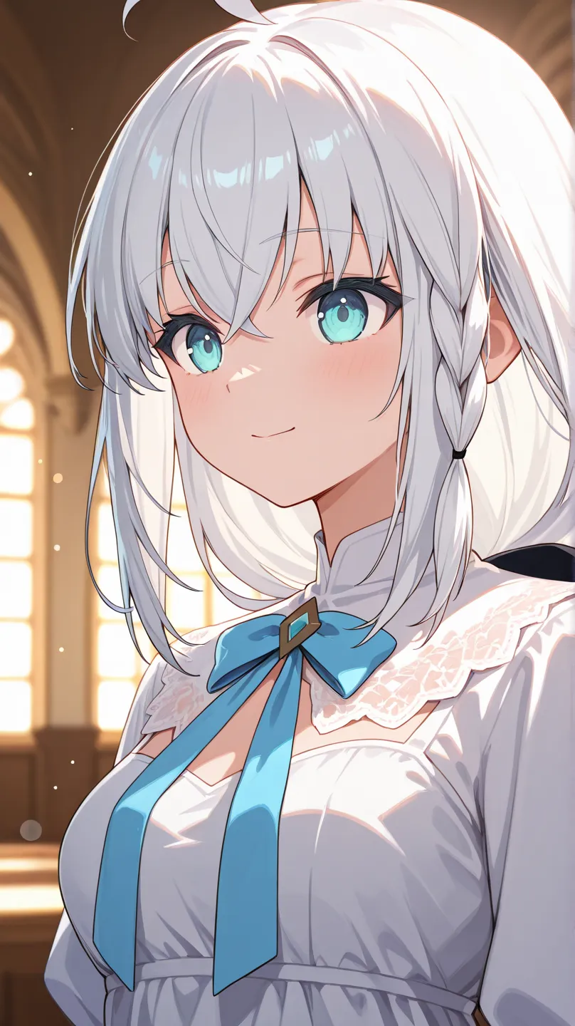 Shirakami Fubuki,Hololive, Upper Body Portrait,noble expression ,Graceful Standing,white dress,Long silver hair,Blue Eyes,has a delicate face,interior,blurry background,Soft Lighting,high quality,4K,High-end,professional ,Vivid Colors,Bokeh