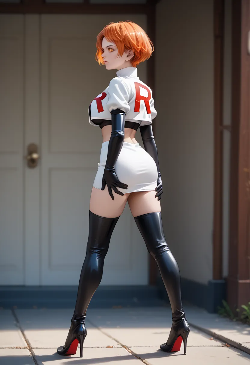 score_9, score_8_up, score_7_up, 1girl, solo, beautiful waifu, thicc, (defLeonie, orange eyes, orange hair, short hair), detailed eyes, detailed face, flirt, large breasts, Cosplay_TeamRocket, team rocket uniform, white jacket, cropped jacket, white skirt,...