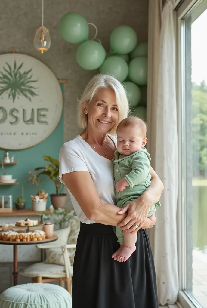 In a selfie Uma.Elderly woman and a baby woman 50 years old platinum hair Chanel shoulder length beautiful green eyes, wearing a white t-shirt, And a black mid-round skirt, She is holding in her arms a newborn baby lying asleep red-haired boy perfect face,...