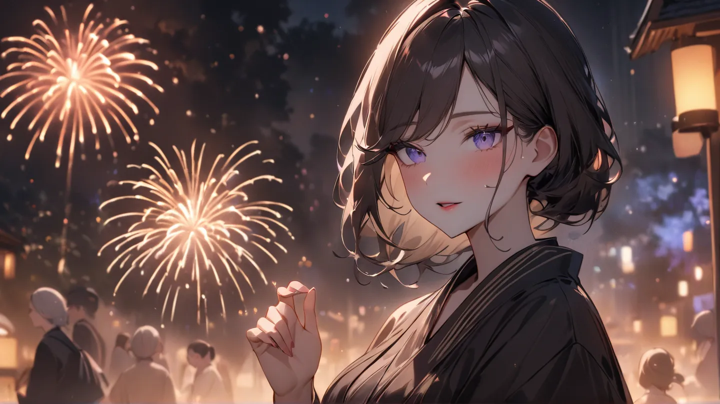 ((top quality 、 8k 、 masterpiece: 1 . 3)) 、 Anime girl wearing kimono watching fireworks