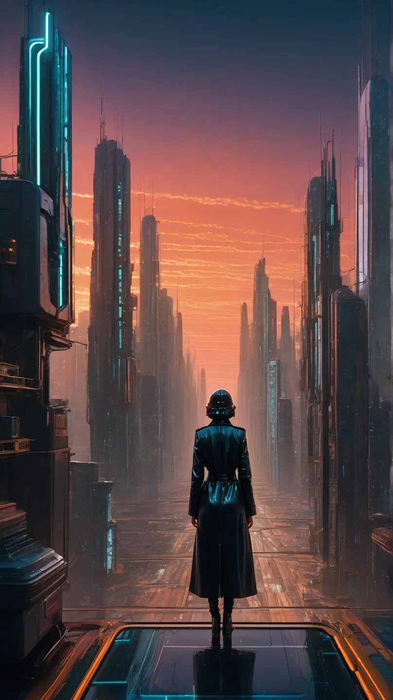  A woman in a long, flowing coat with a utility belt and goggles stands atop a sleek skyscraper, gazing out at a futuristic cityscape reflecting the vibrant hues of a sunset. Neon lights dance across the towering structures, casting a kaleidoscope of color...