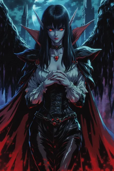 woman, fair skin, gothic makeup, vampire, red eyes, voluminous black hair, pointy ears, look of superiority, dark castle, countess, low-cut white blouse with details and ruffles, black leather corset, black leather cape, black leather boots, black leather ...