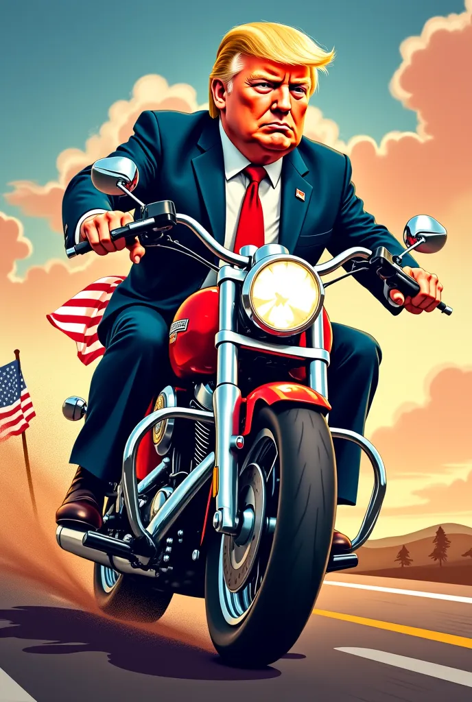 donald trump riding a harley davidson design for a tshirt make it look animated for an easy print. add american eagle and or flag on his back 