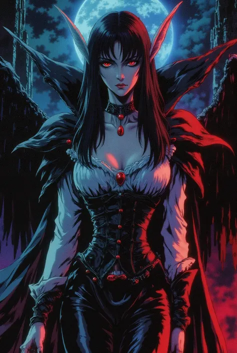 woman, fair skin, gothic makeup, vampire, red eyes, voluminous black hair, pointy ears, look of superiority, dark castle, countess, low-cut white blouse with details and ruffles, black leather corset, black leather cape, black leather boots, black leather ...