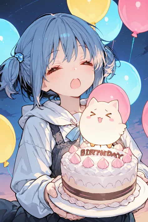 1girl\(naganohara mio, >o<,shout,shout,open mouth wide,Holding a birthday cake in both hands\),with balloons flying in the light-hearted sky in the background, a celebratory and peaceful atmosphere,masterpiece, best quality, 8k, highres, ultra-detailed,HDR...