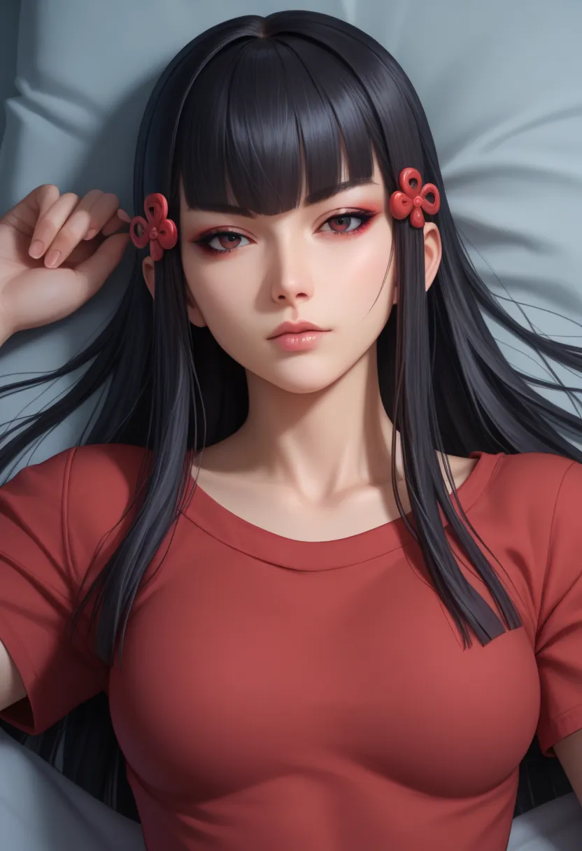 score_9, score_8_up, score_7_up,  source_anime,  BREAK solo, 1 girl,   TKNKZMI, black hair, blunt bangs, eye shadow, sidelocks, hair ornament, long hair, sleep wear, thighs, seductive , ,3D Rendering, Super Detailed, Looking at viewer, From above,