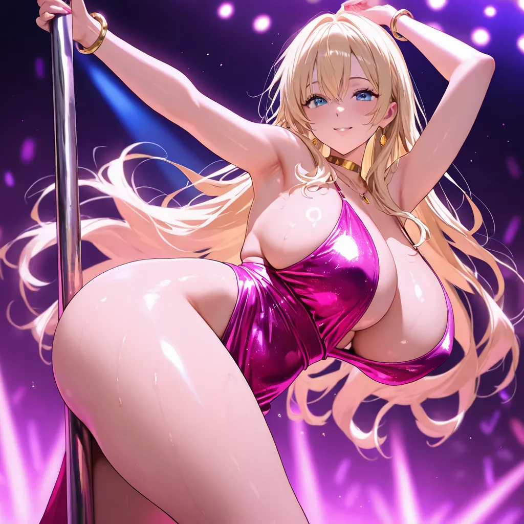  Anime woman , big partially naked tits ,   ,  Vivid image ,  juicy thighs, slightly oily, the background in the club is blurred, dancing on a pole