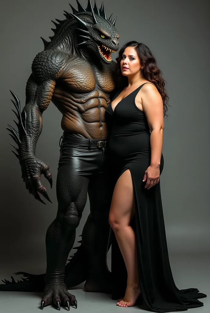 humanoid monster with black dragon scales; Sexy alto; Muscular; beautiful; green eyes; with sharp teeth; Black Claws; wearing leather pants; shirtless; with a fat fair-skinned woman; brown eyes; dark brown hair; reddish lips; in a black dress tight on top ...