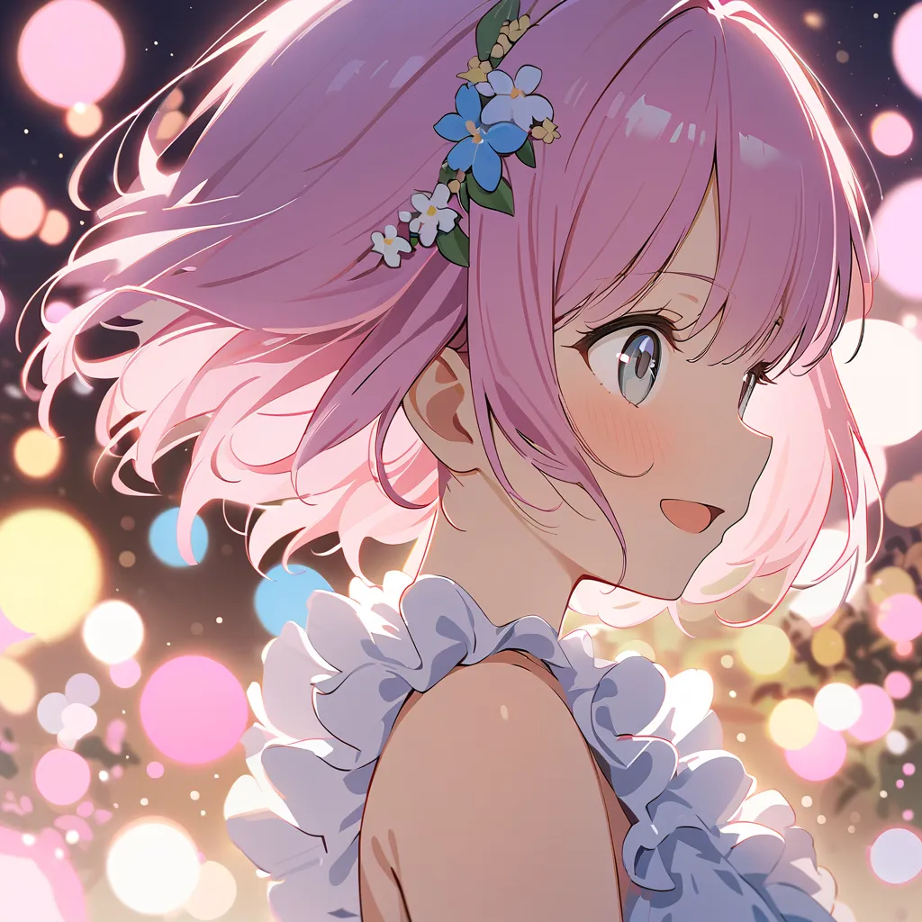 profile view, absurdres, highres, ultra detailed,  1girl ,  
break,  
souce anime, 4K, 8k, bokeh photography, soft focus, out-of-focus highlights,  
dreamy ambiance, glowing circles,  mesmerizing depth,  
break,  
Flower Fields: Frame the Scene with Bloomi...