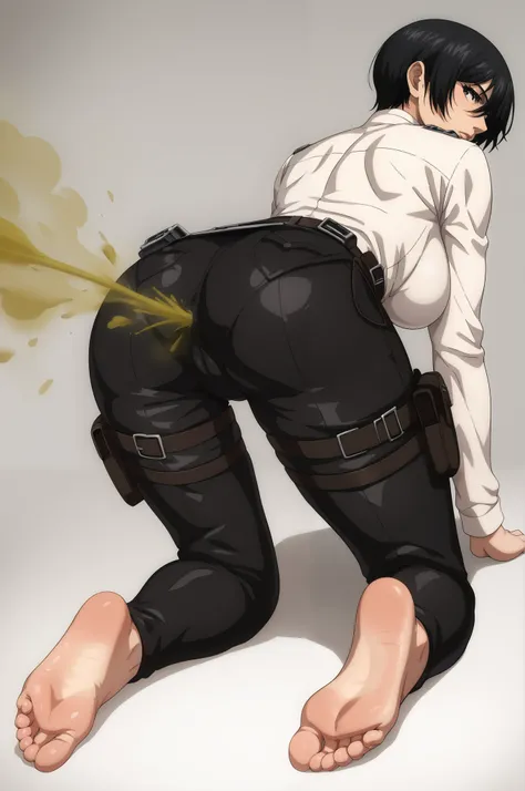 score_9, score_8_up, score_7_up, BREAK source_anime, adult mikasa ackerman, black eyes, black hair, short hair, big breasts, military uniform, armor, belt, thigh strap,bend over,from behind,big ass,looking back,all fours,soles,feet,white shirt,black pants,...