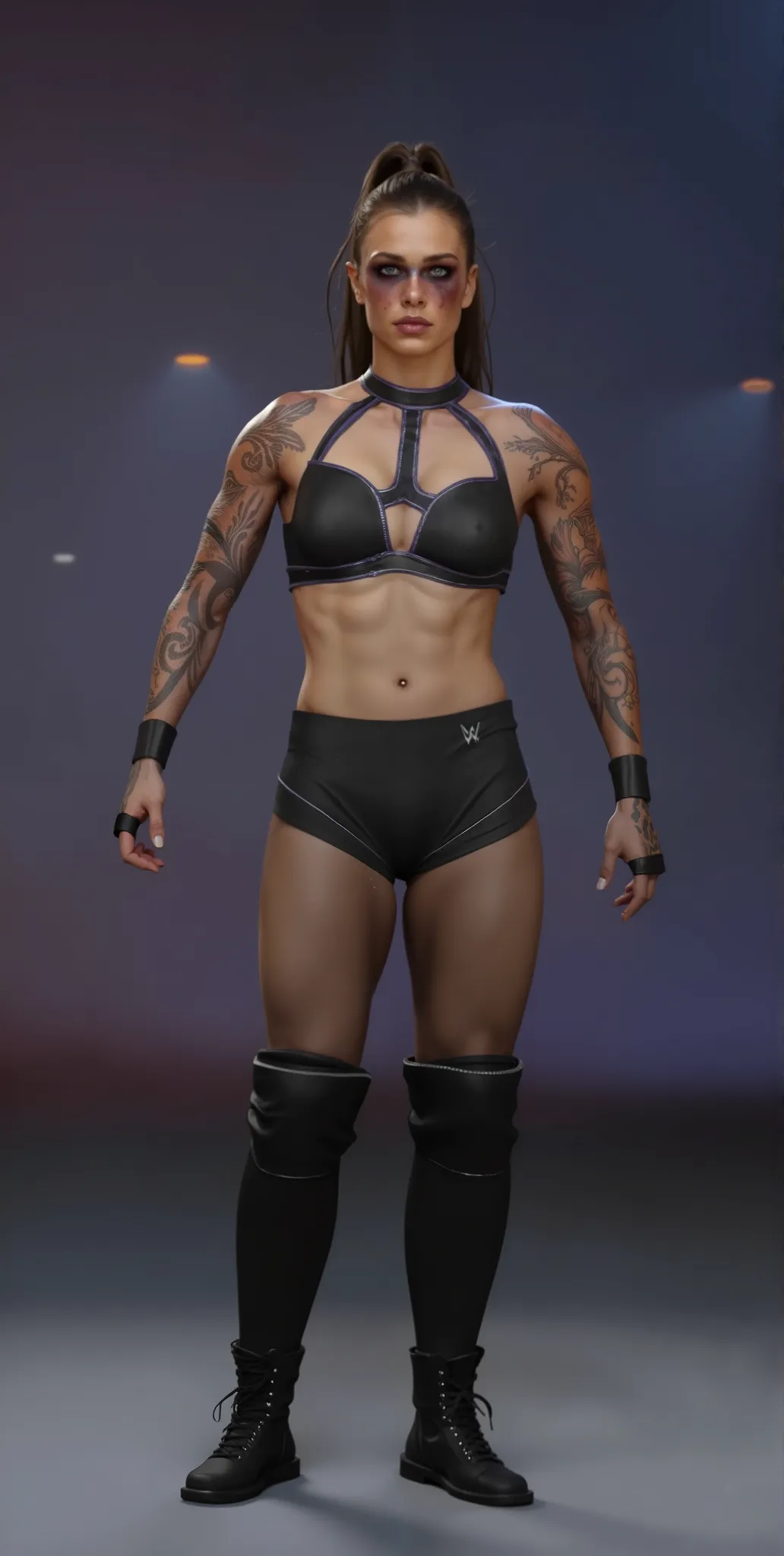 Realistic render of a woman wrestler with long brown hair, black top and black shorts with arm tattoos