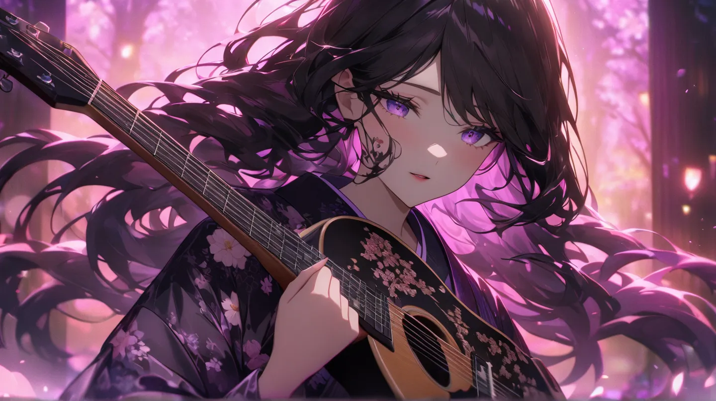 masterpiece 、 top quality 、 Highly Detailed CG Unity 8k Wallpaper 、 anime screenshot 、 A woman wearing a kimono with a neon flower tattoo anime character art 。 She's wearing a purple neon tattoo floral kimono 。This scene with long flowing hair 、タトゥーの魔法のような...