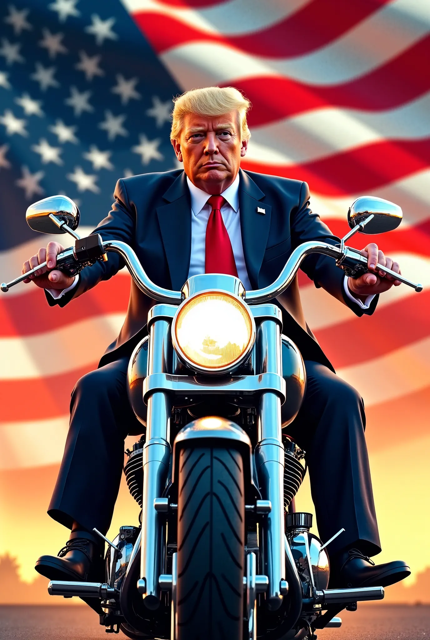 make a harley davidson poster with donald trump riding and american flag 