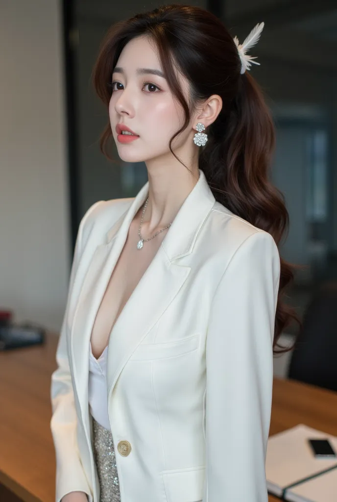 (Detailed body, detailed face, best quality: 1.2), white suit jacket, deep V-neck white shirt, sequin pencil skirt, beautiful Korean female model close-up, looking at the viewer, chestnut hair, high ponytail, back against modern design style office desk, s...