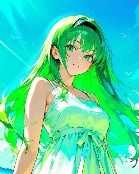 masterpiece、best quality、great quality、girls、anime、so beautiful、hair swaying in the wind、clear white skin on the head、Thin, beautiful fingers、 half body angle 、looks at the camera、green hair、Straight Long Hair、black headband、white dress、battle、long western...