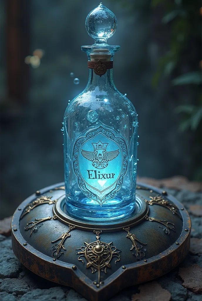 ATTENTION-GRABBING GLASS BOTTLE ON A SHIELD WITH THE NAME ELIXUR 