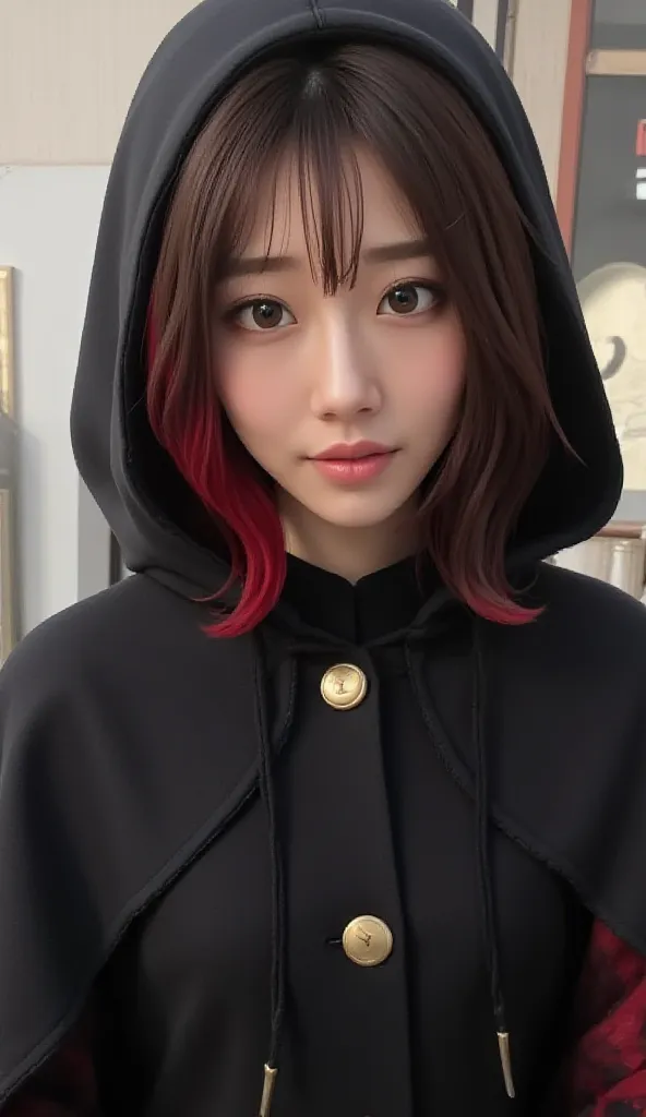 1 girl,  Black Hair with Red Tips , short hair with bangs, black dress or skirt, large black cape hood, Having no trouble with your hands,  anime style