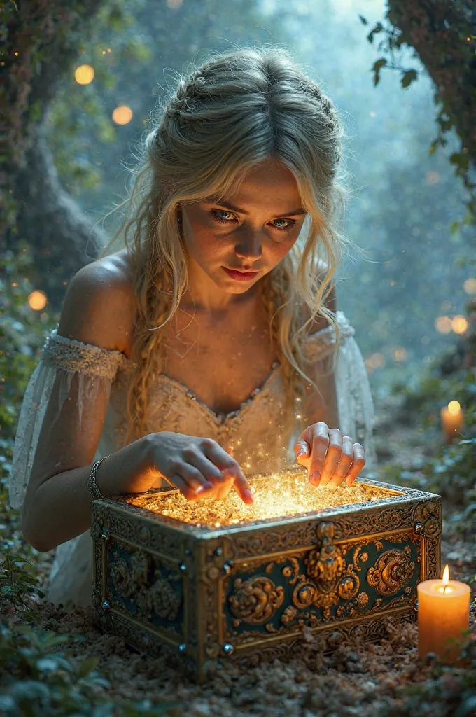 Frightened blonde woman in a mythological setting opening a beautiful box