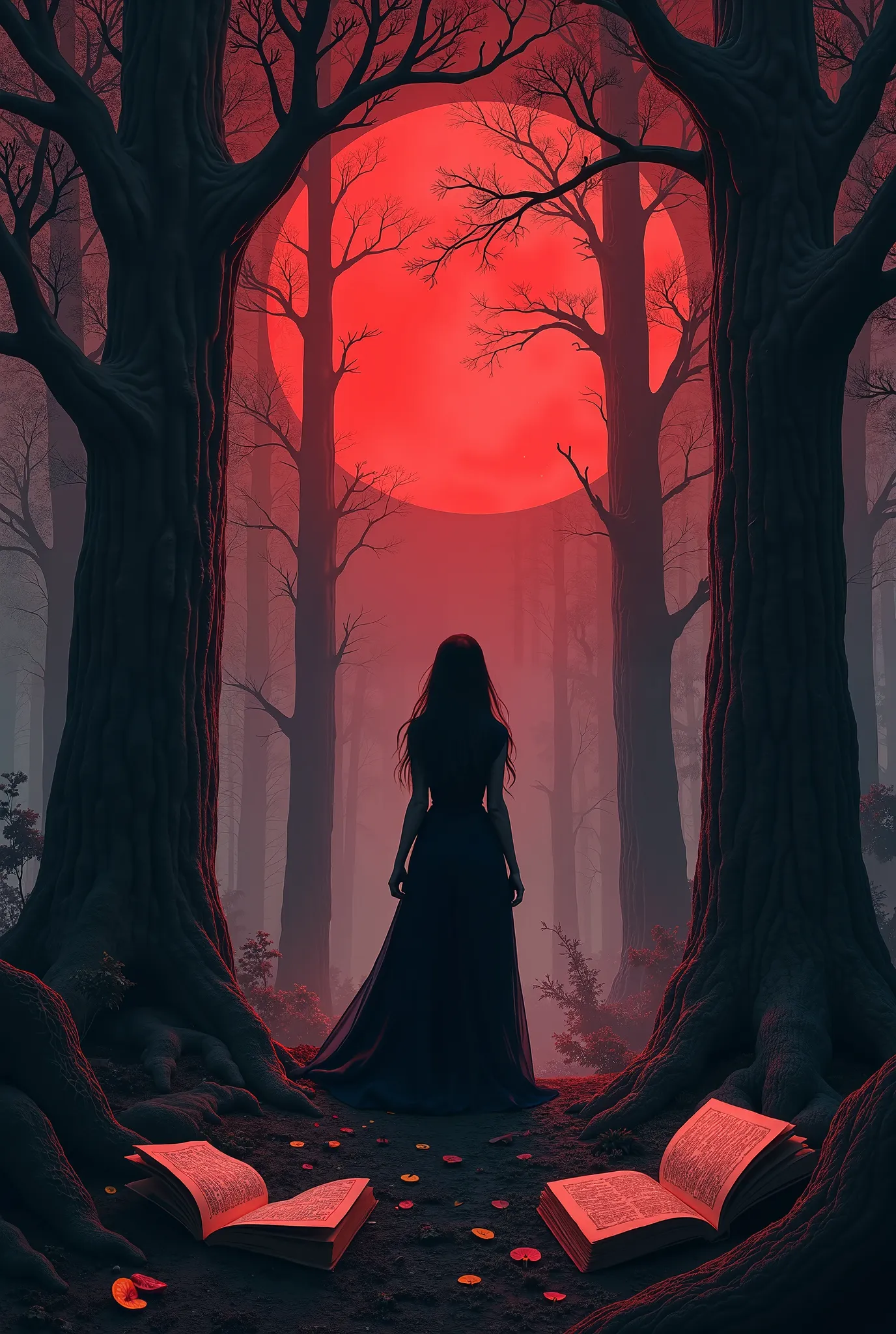 A forest of trees with book sheets under the blood moon and the shadow of a woman