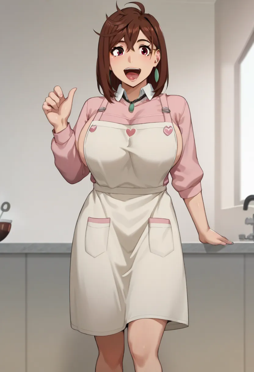 score_9, score_8_arriba, score_7_arriba, anime screencap, catalyst _, medium hair, brown hair, brown eyes, large breast apron, shocks,   source  _anime, a girl, Alone , looking at the spectator,  seductive, happy, mouth shut,, detailed background, large br...