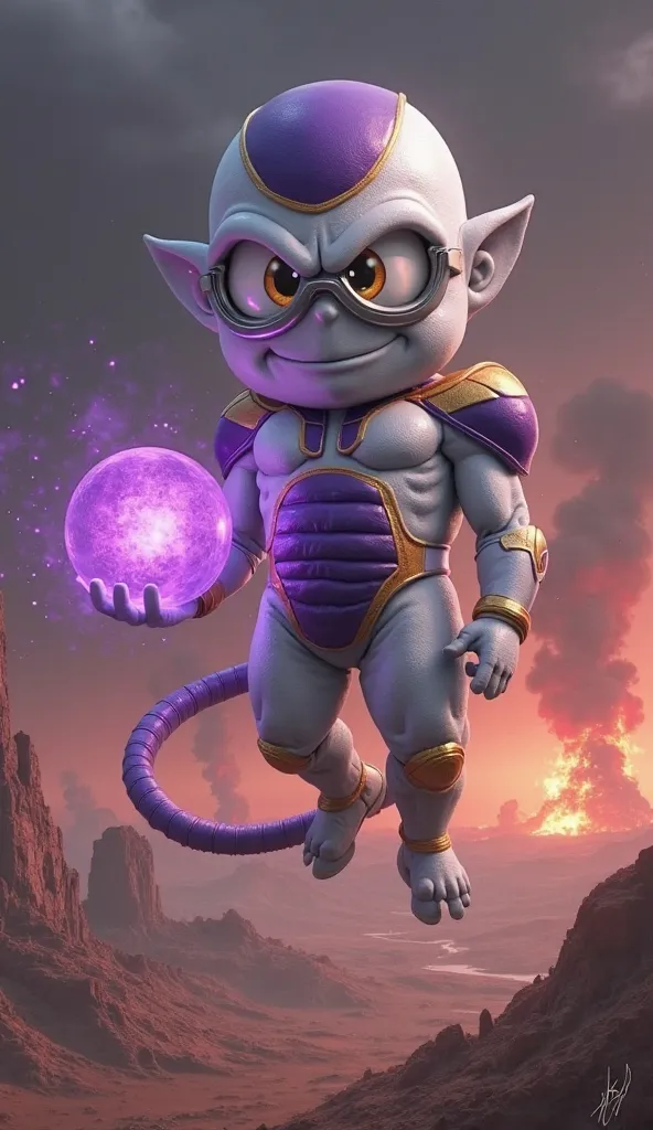 A Minion styled as Freeza from Dragon Ball Z, with its characteristic cylindrical body, but with white skin and purple details on his head,  Chest and shoulders . He keeps his large eyes, protected by silver glasses, and his long, purple tail wraps behind ...