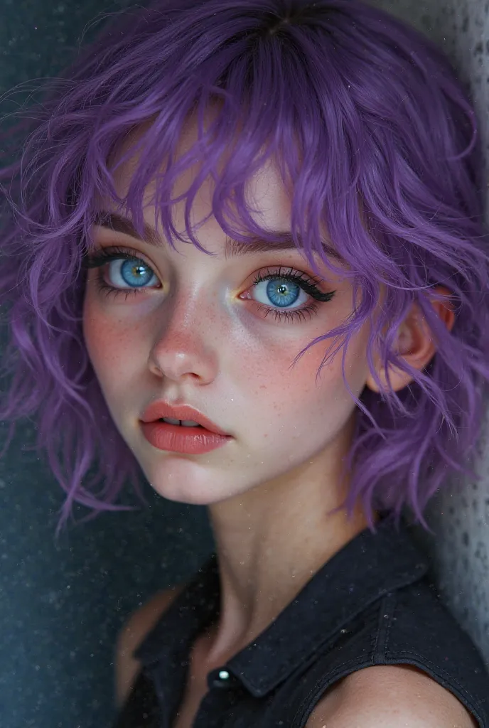 Real 20-year-old female , with short purple curly hair, And with blue eyes 