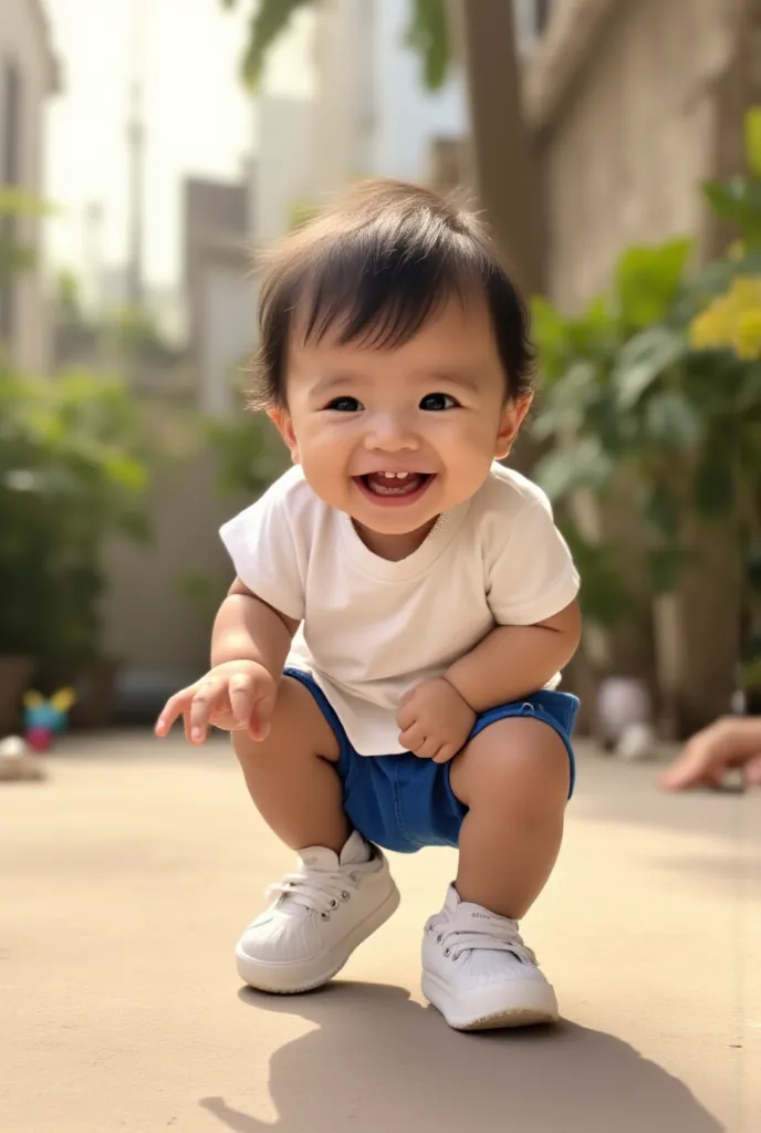 Create a baby from this image, wearing blue shorts and sneakers and white blouse 