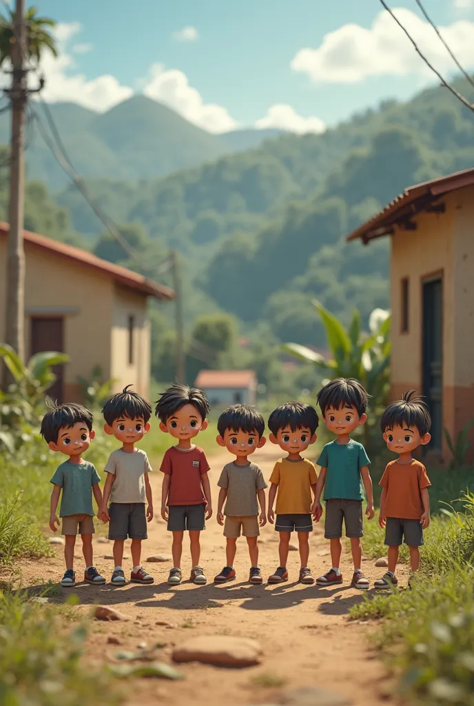 take a photo with 6 ren, realistic small human ren in front of a charity building in a rural looking place with a small town in minas gerais brazil