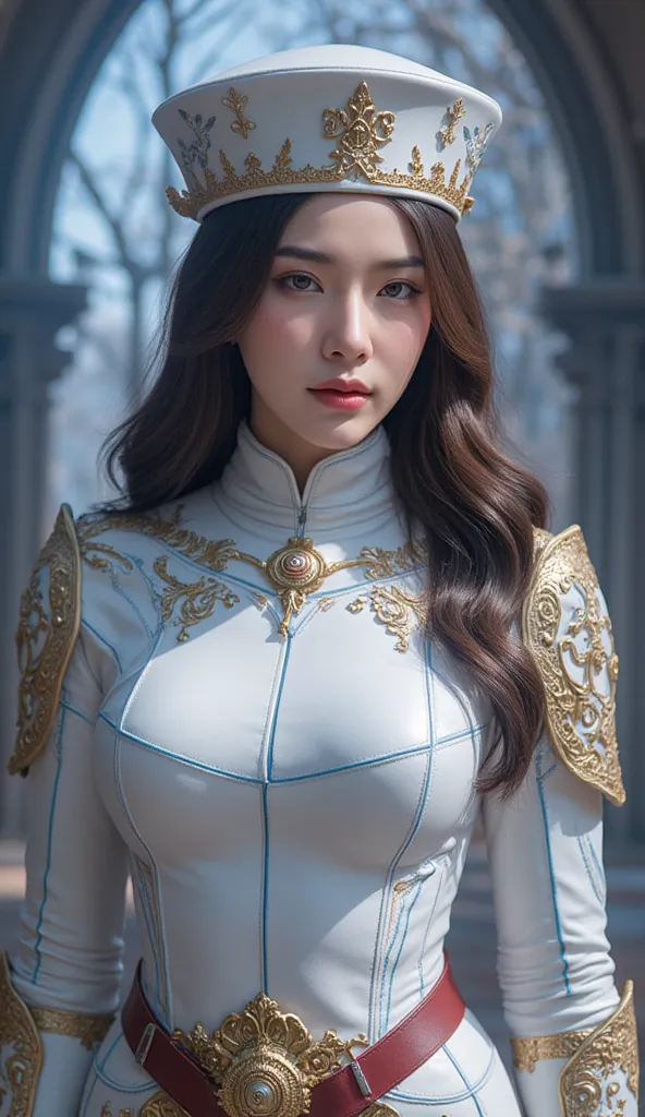  hat in front_watch, Masterpiece, best quality,  as real, Raw photos, (1 girl, looking at watcher),  long hair, White armor,  complex armor , pattern is a delicate blue line, intricate pattern, Red metal part ,  detail part ,  Dynamic Gesture, detailed bac...