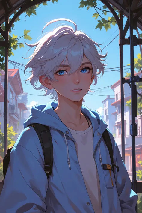 Young man. Tousled white hair. humble smile. blue eyes. anime. light blue jacket