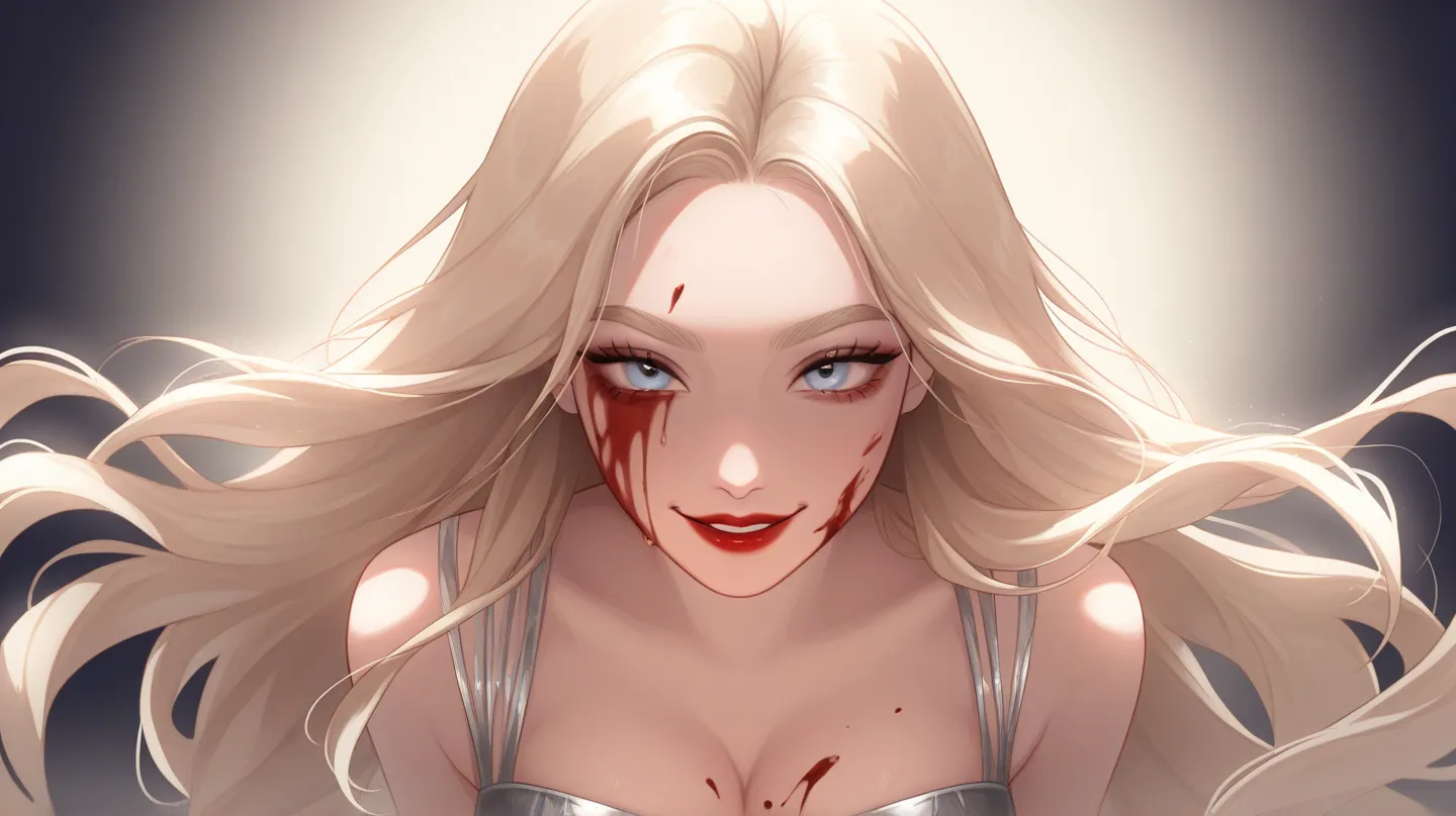 OC, female, semi realism, corean skin, red lips, light blonde eyebrows, perfect face, long light blonde hair with bang, light blue eyes, evil smile, k-pop glamorous, sweet aesthetic, cleavage, breasts, mystic luminescent, Dead by Daylight themed, blood on ...