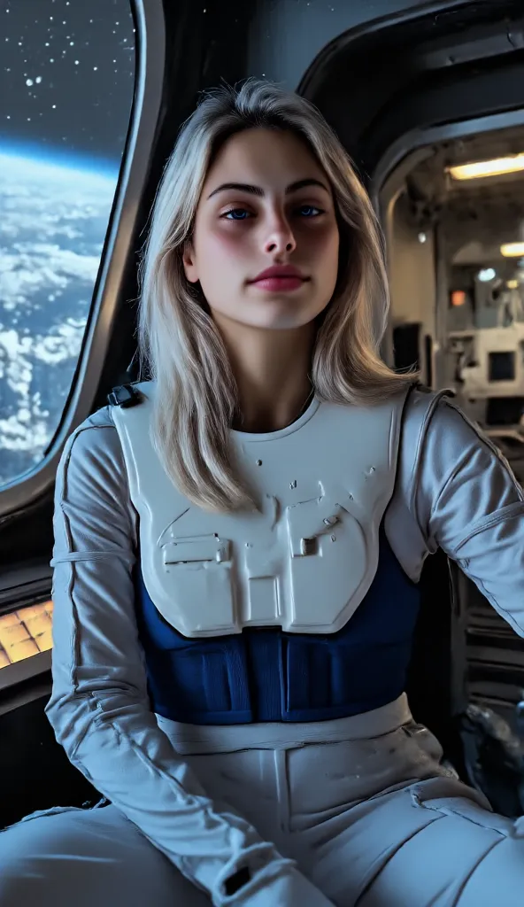 a selfie woman sara in futuristic room in starship wearing a tight FCSPAC3SUIT, "Spacesuit from First Contact" with navy blue details. Photorealism