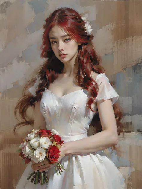 portrait,1girl,solo,dress,holding bouquet,very long hair,red flower,red hair,red rose,white dress