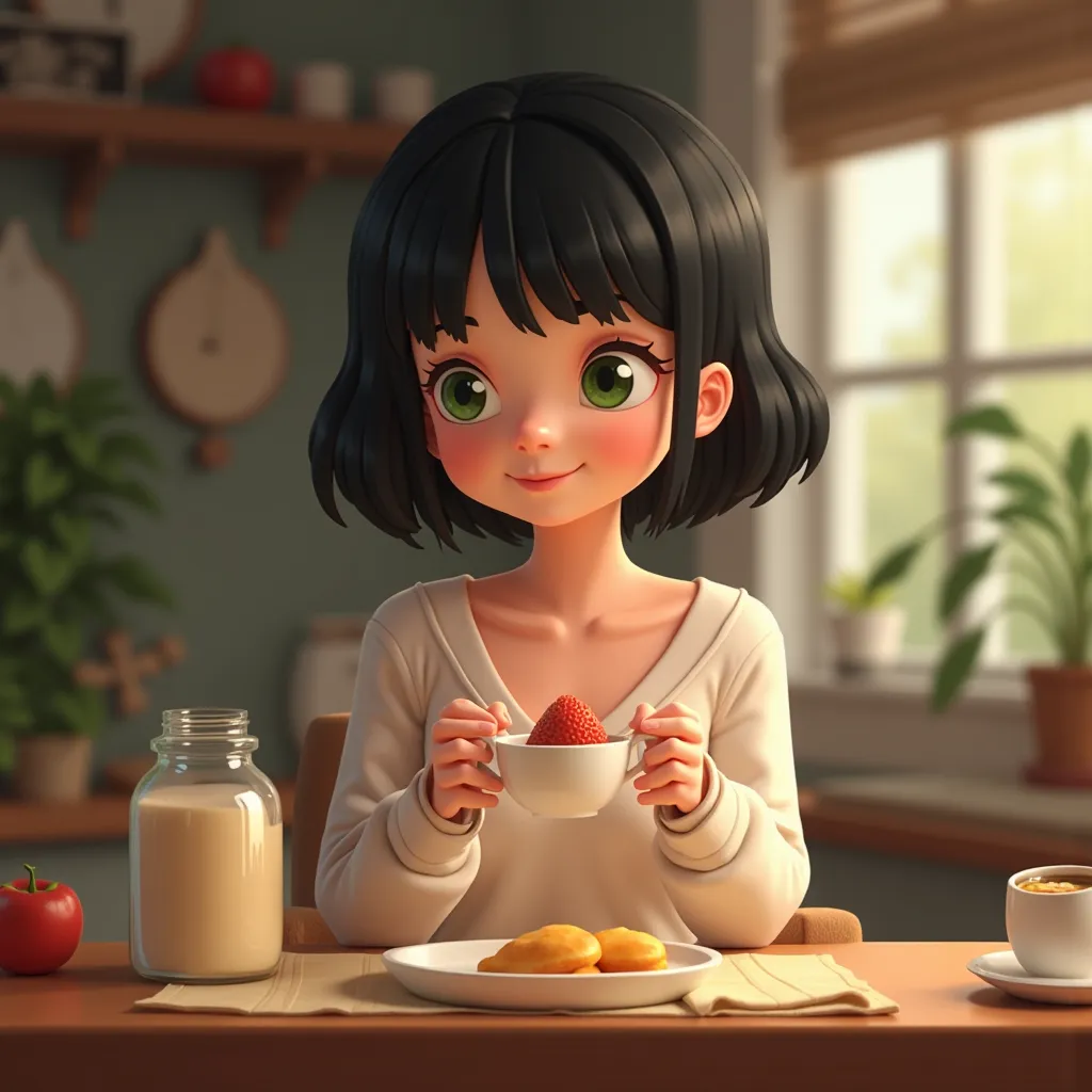  Woman, Larim, 27 years old, green eyes, short black hair, having breakfast, ((Realistic)), (( photograph )), 4K