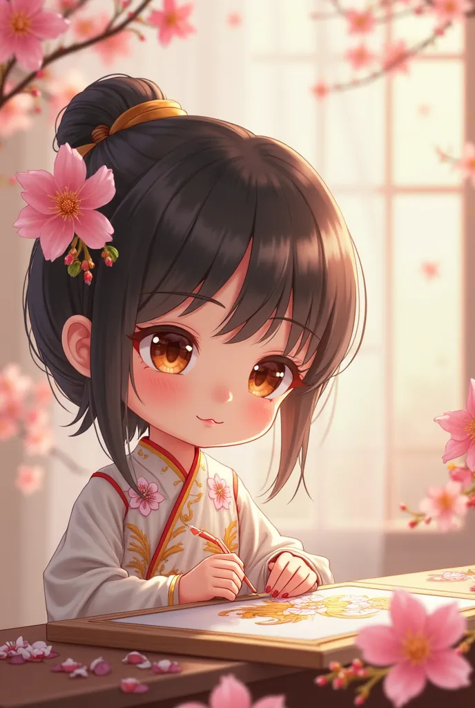 "Beautiful chibi girl in traditional Vietnamese áo dài, soft black silky hair, sitting gracefully at an embroidery table, delicate hands holding a needle, gentle eyes full of warmth, surrounded by blooming cherry blossoms, soft morning light, detailed flor...