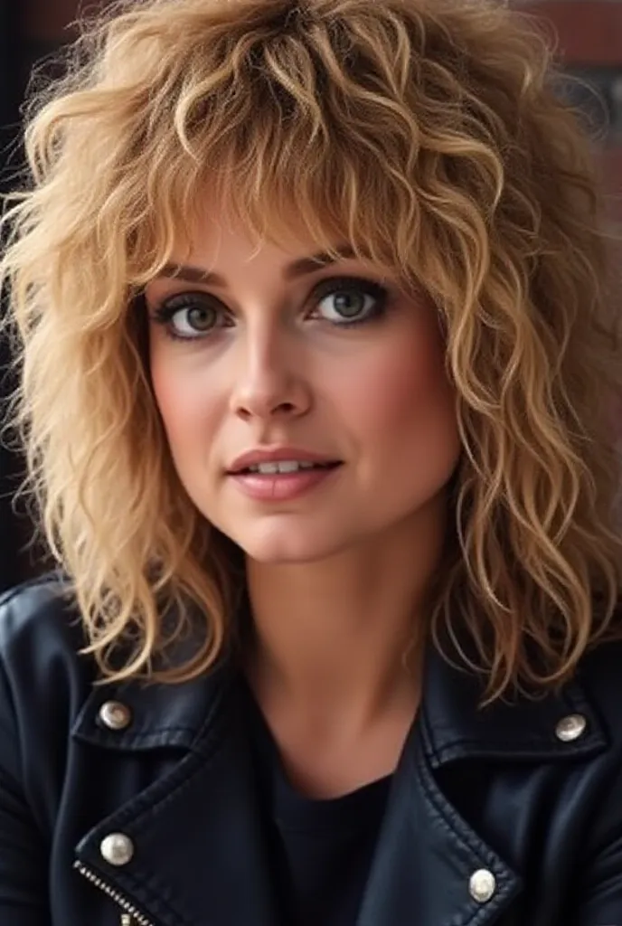 Head shot portrait,Nina Blackwood,curly blonde hair,black leather jacket