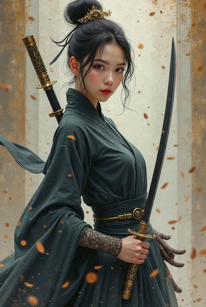 the art of fencing,  Chinese , hOld ing black sword, With a strange arm,  very attractive , Old 
